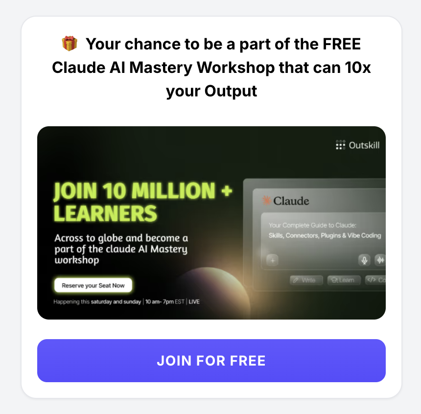 Techpresso lead-generation ad for Outskill's free Claude AI Mastery Workshop with a 'Join for free' button.