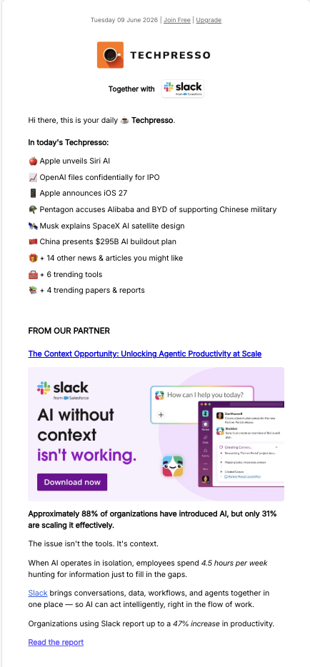 Techpresso newsletter Primary Ad for Slack, headline 'AI without context isn't working'.