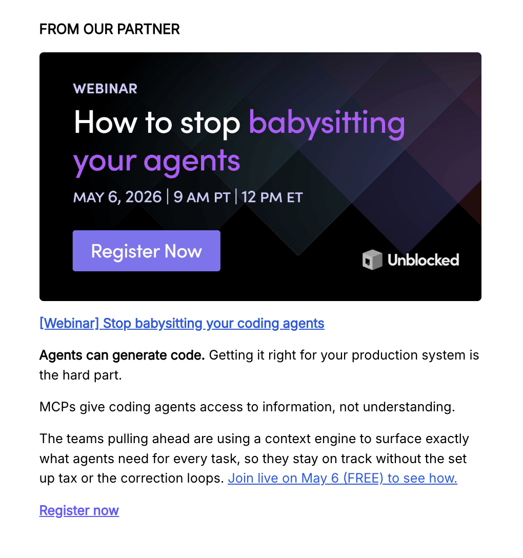 Techpresso webinar ad for Unblocked, 'How to stop babysitting your agents', with a 'Register Now' button.