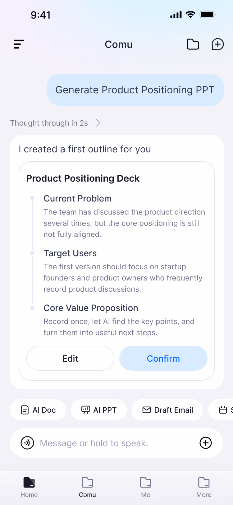 Comu app generating a presentation from a recording