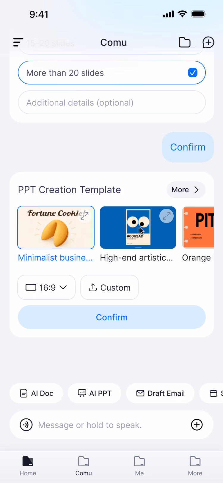 Comu app AI presentation templates