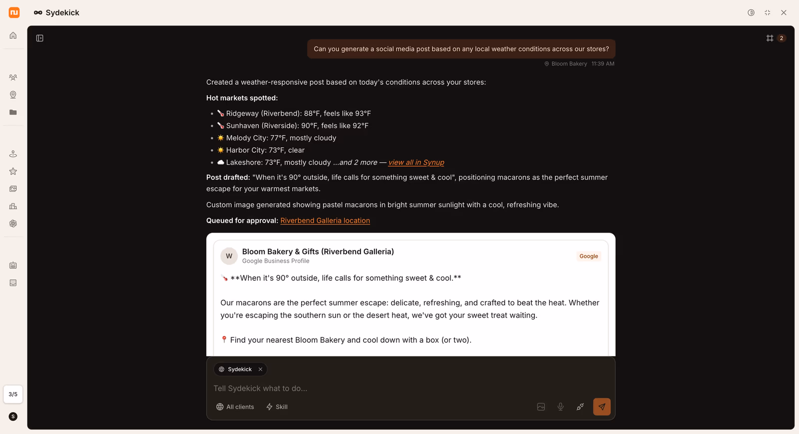 Synup Sydekick chat: a conversational request produces a location-aware social post draft queued for approval