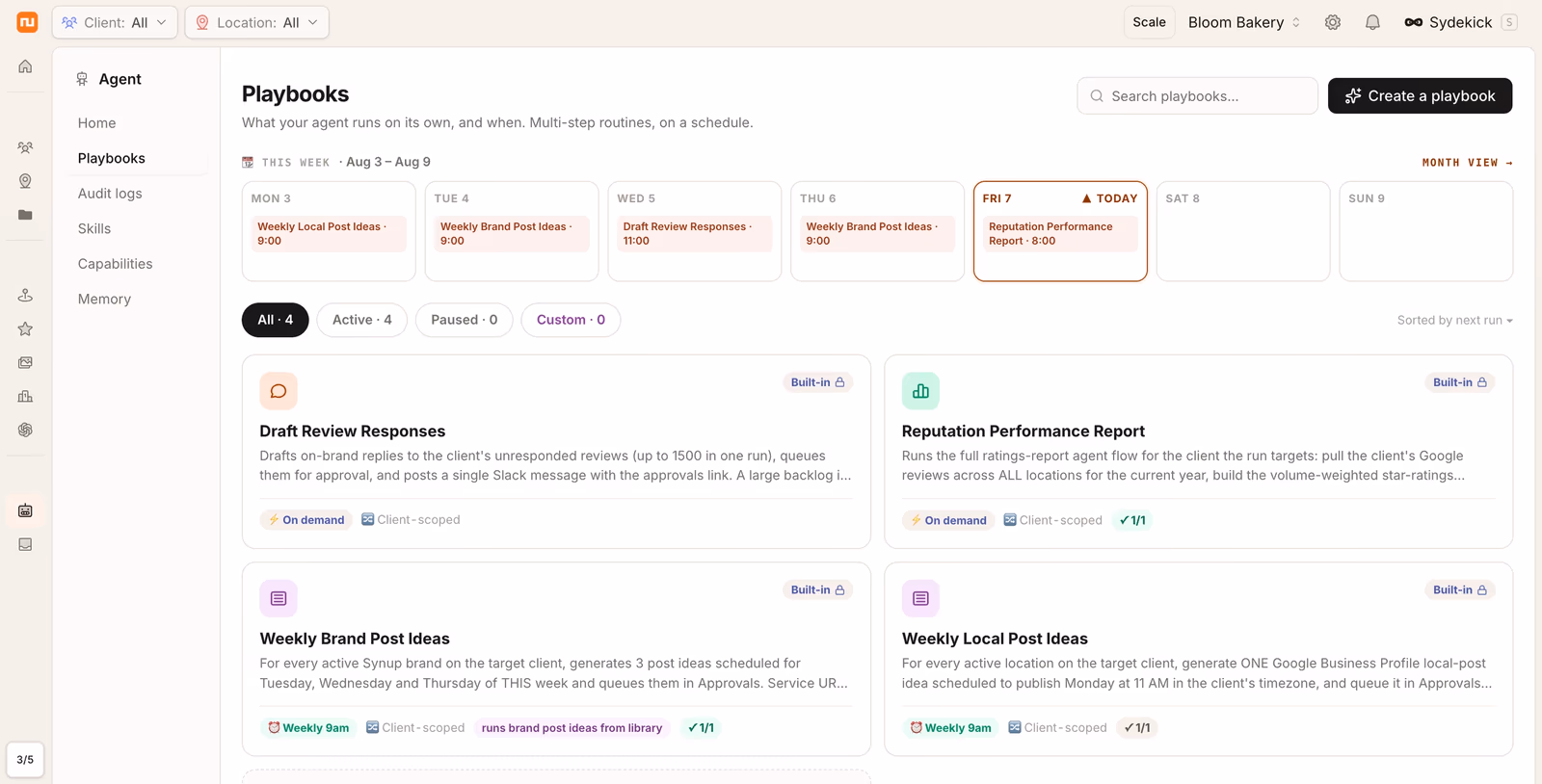 Synup Playbooks view listing recurring routines for review replies, reputation reports and weekly local post ideas with their schedules