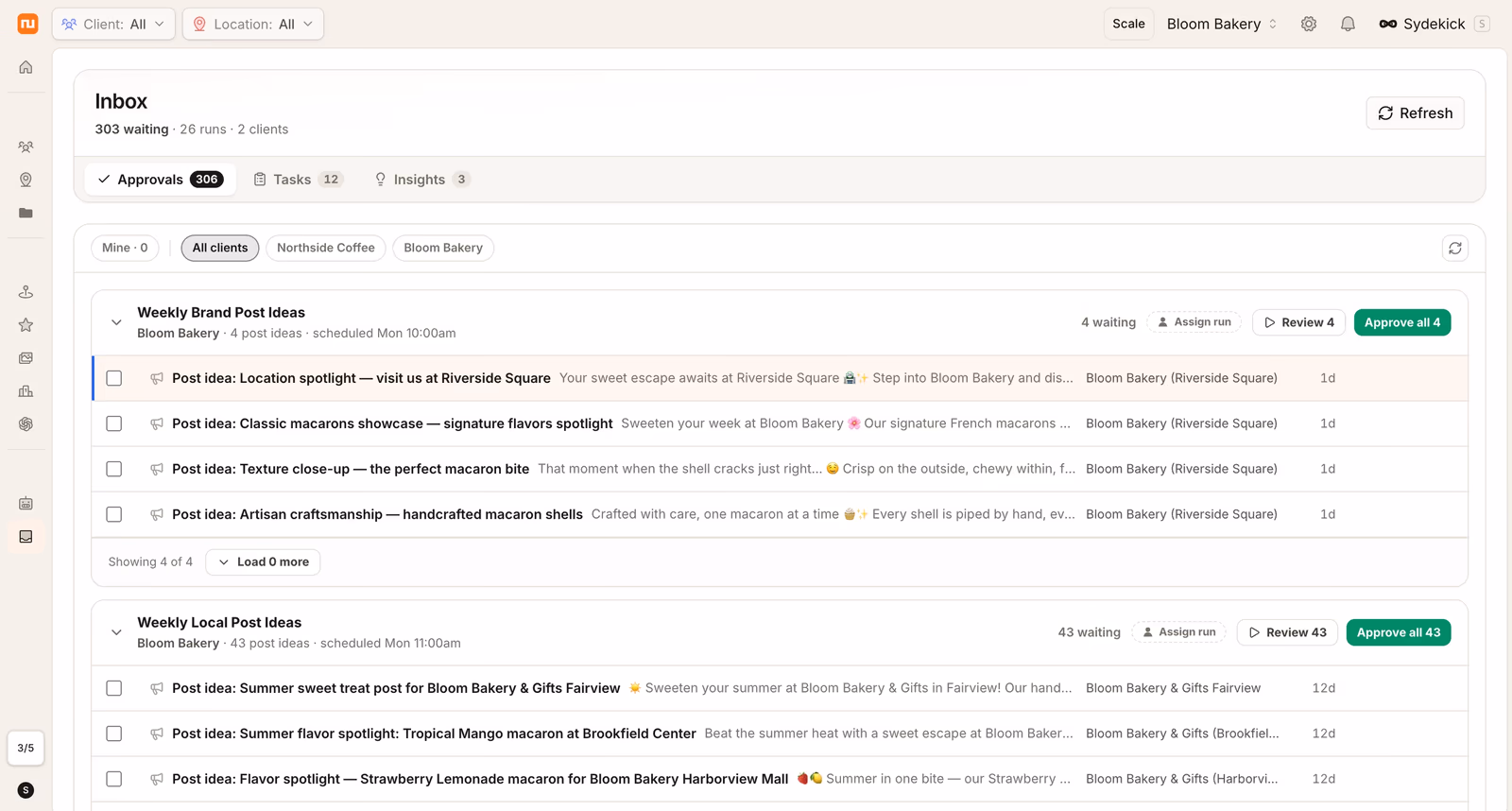 Synup Approvals Inbox grouping proposed brand-level and location-specific posts into runs for review and approval