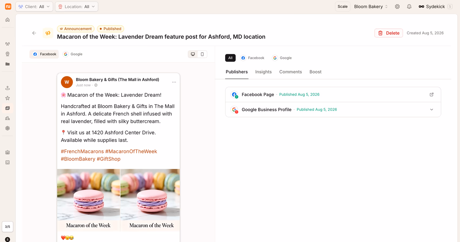 Synup social publishing view with a post preview and its publishing status on Facebook and Google Business Profile
