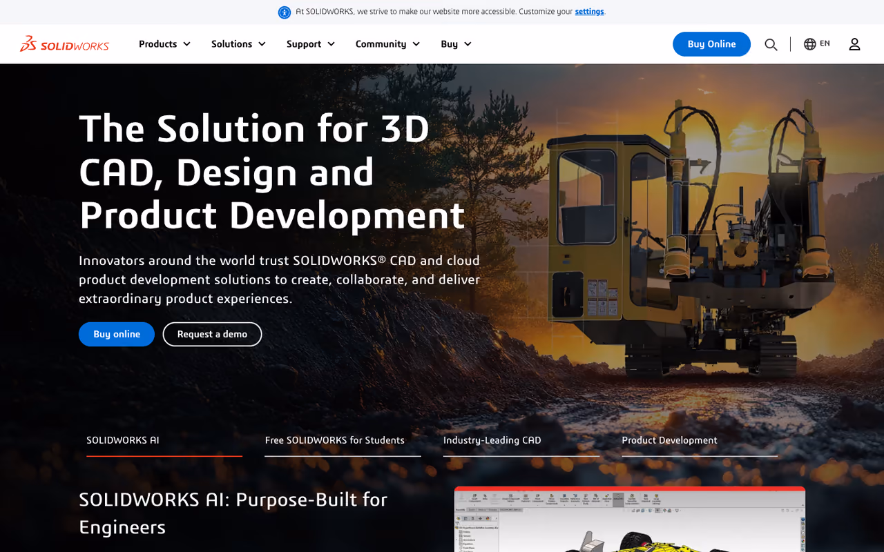 SolidWorks homepage screenshot