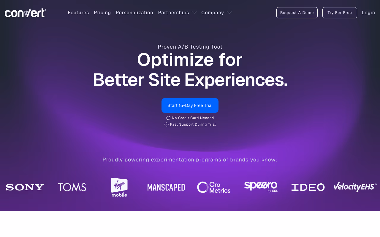 Convert homepage screenshot showing the privacy-first A/B testing platform