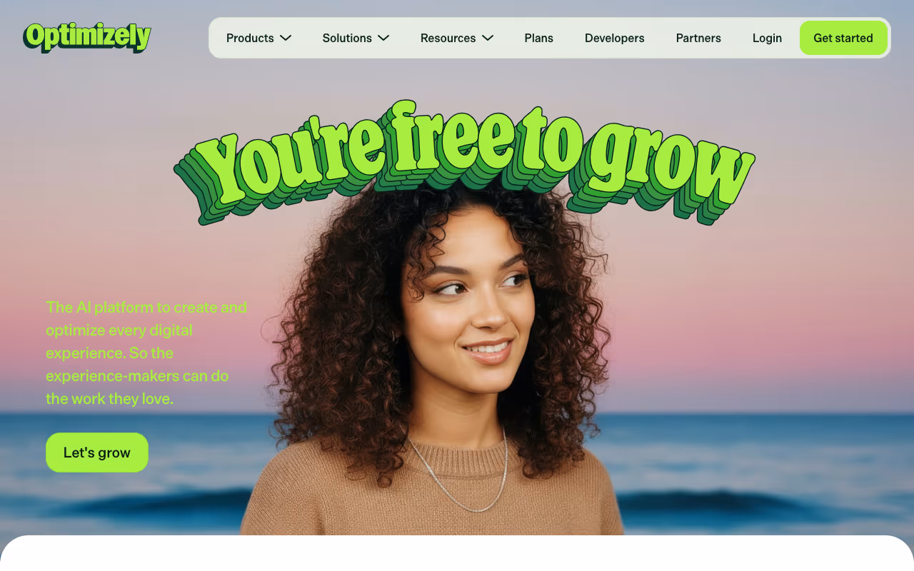 Optimizely homepage screenshot showing the enterprise experimentation platform
