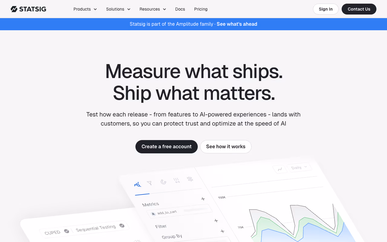 Statsig homepage screenshot showing the experimentation and feature management platform