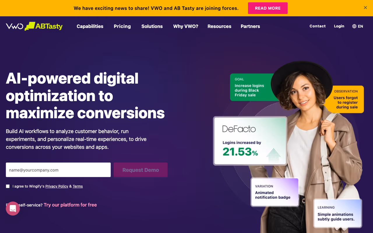 VWO homepage screenshot showing the digital experience optimization platform