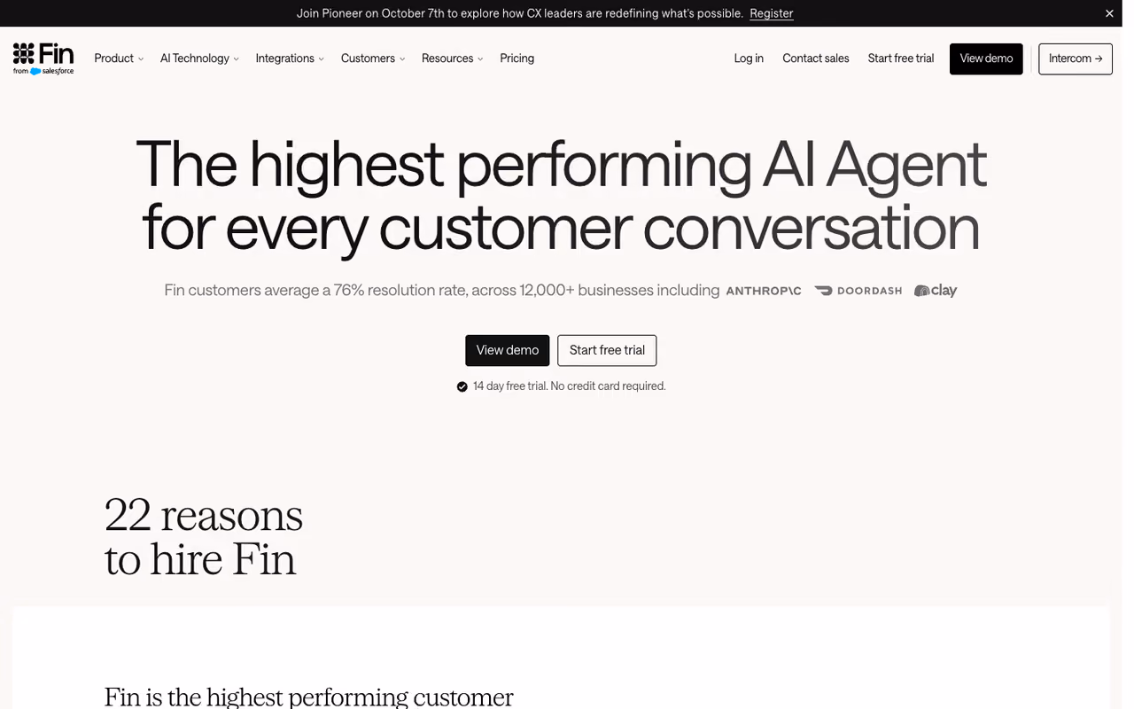 Intercom Fin homepage screenshot