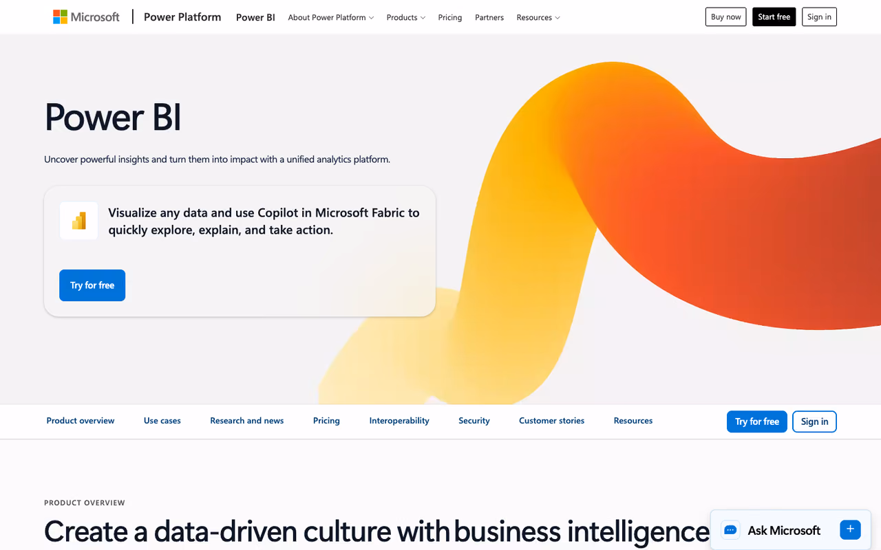 Power BI homepage screenshot