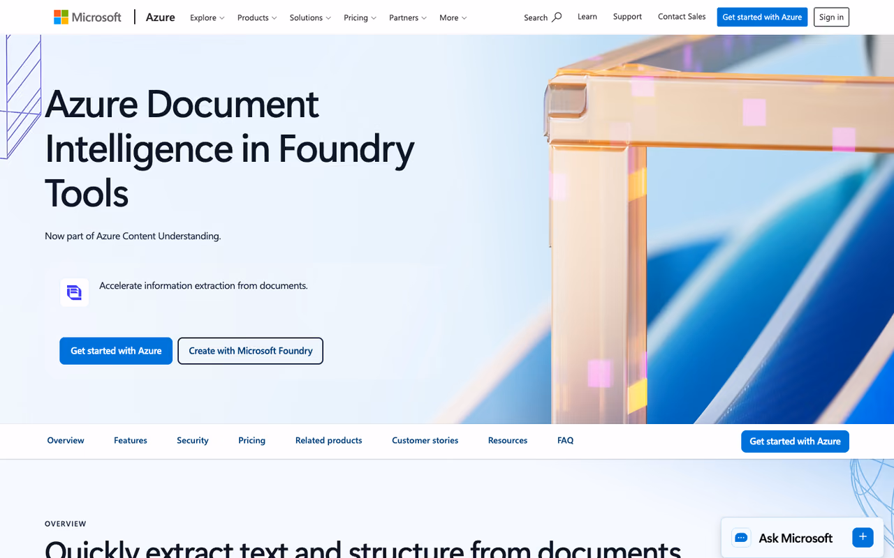 Azure AI Document Intelligence homepage screenshot