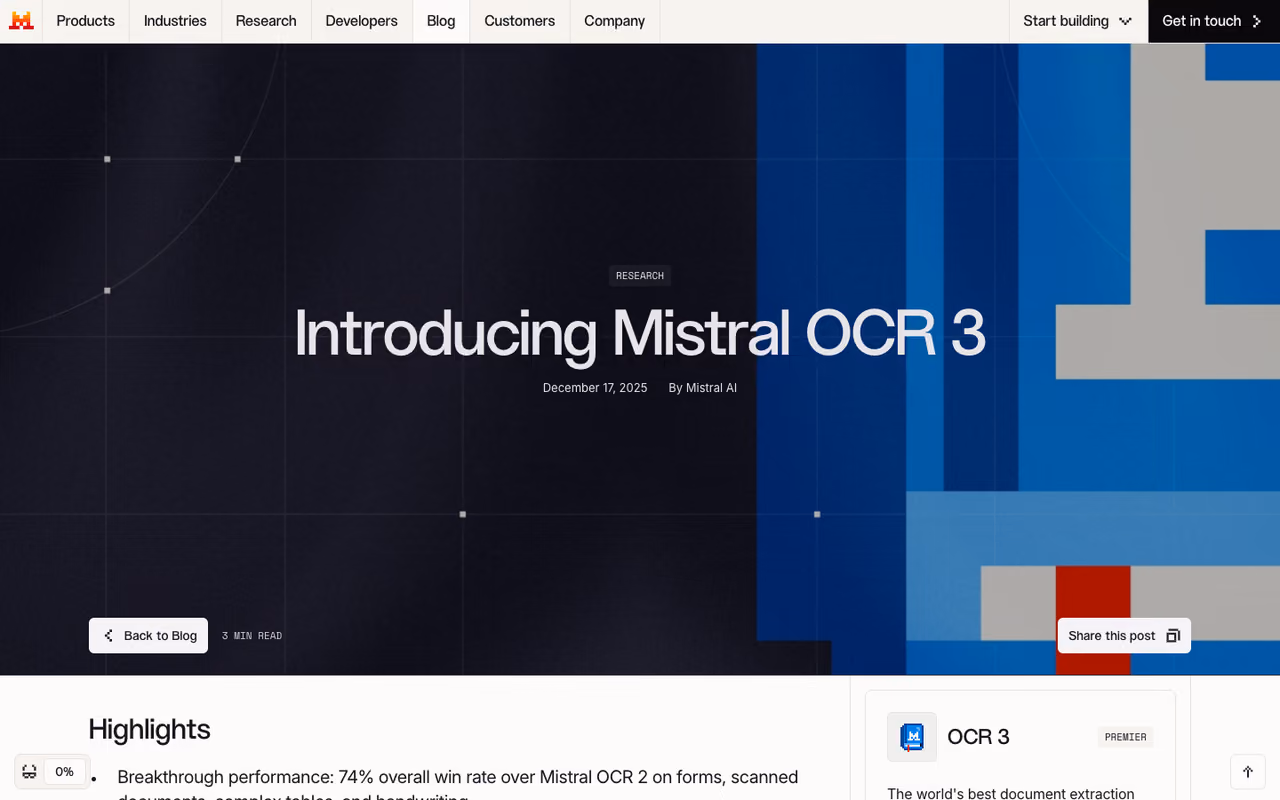 Mistral OCR 3 homepage screenshot