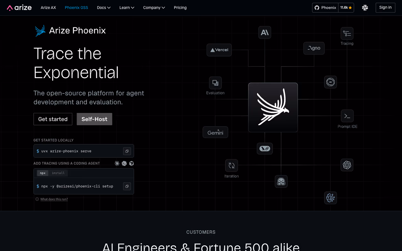 Arize Phoenix homepage screenshot