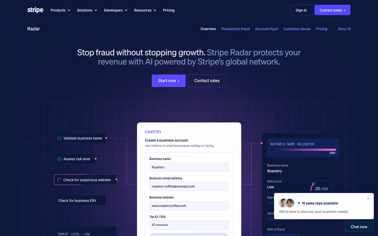 Stripe Radar homepage screenshot