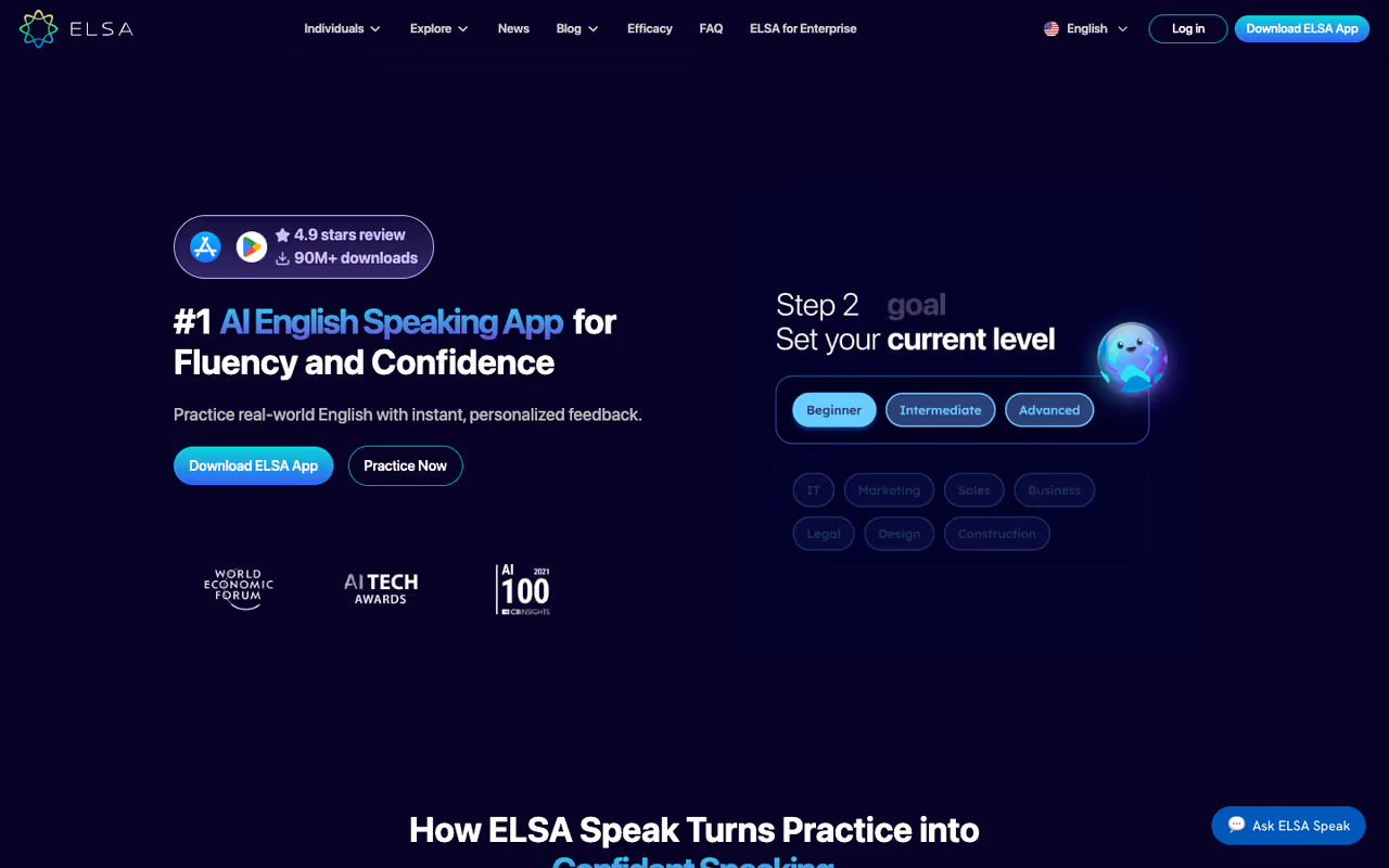 ELSA Speak homepage screenshot