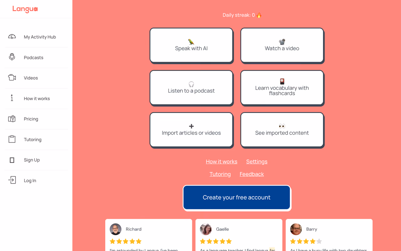Langua homepage screenshot