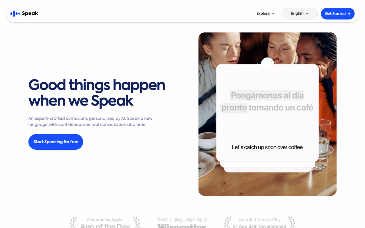Speak homepage screenshot