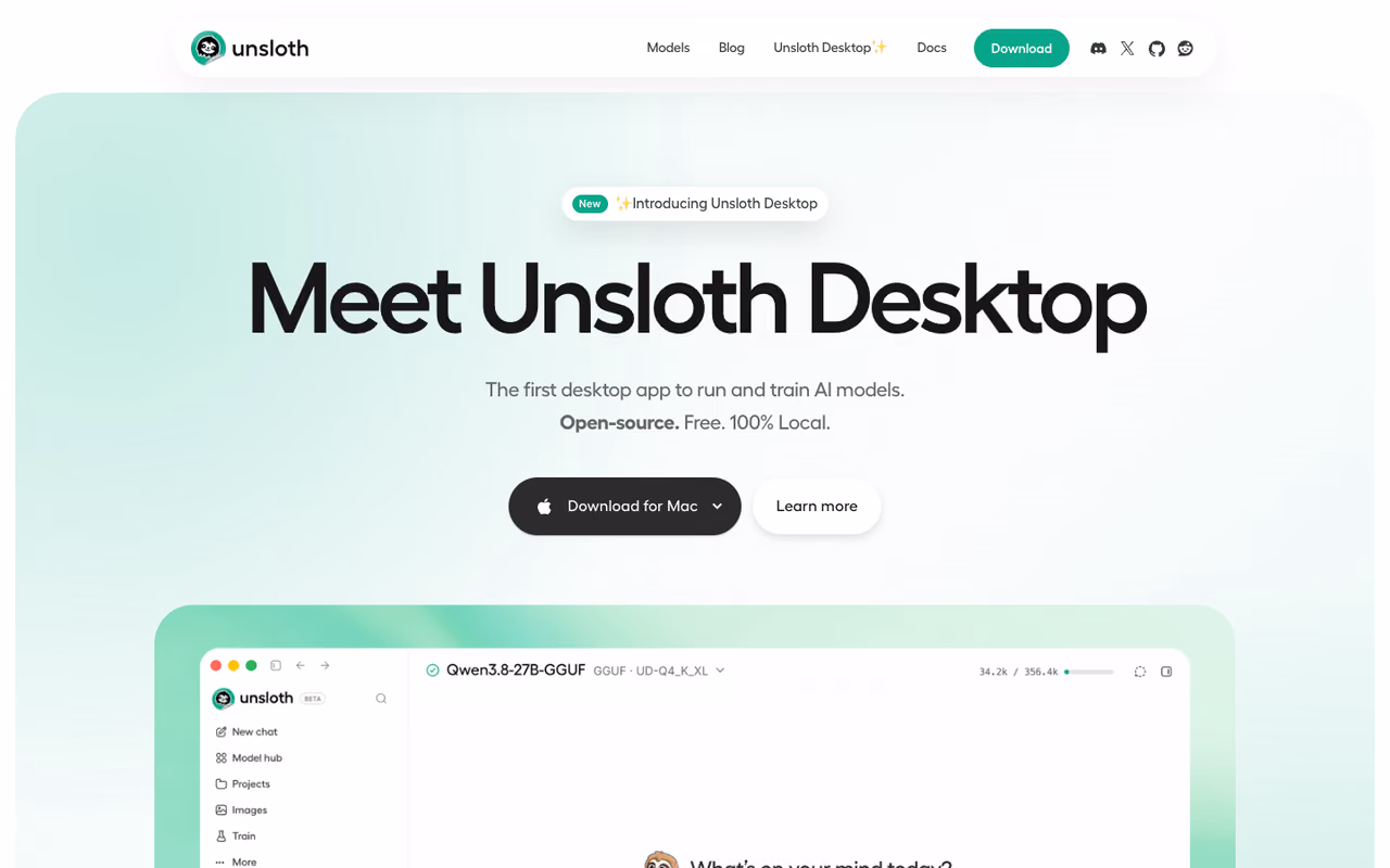Unsloth homepage screenshot