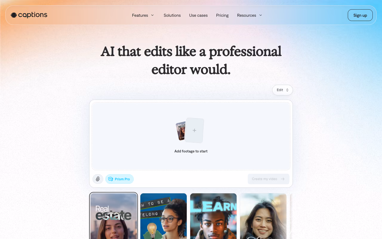Captions app homepage screenshot