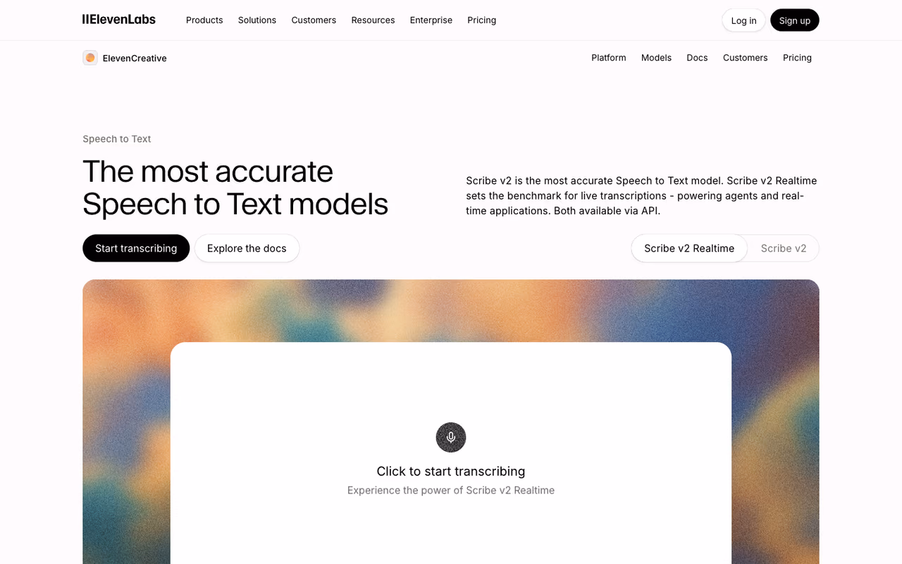 ElevenLabs Scribe homepage screenshot