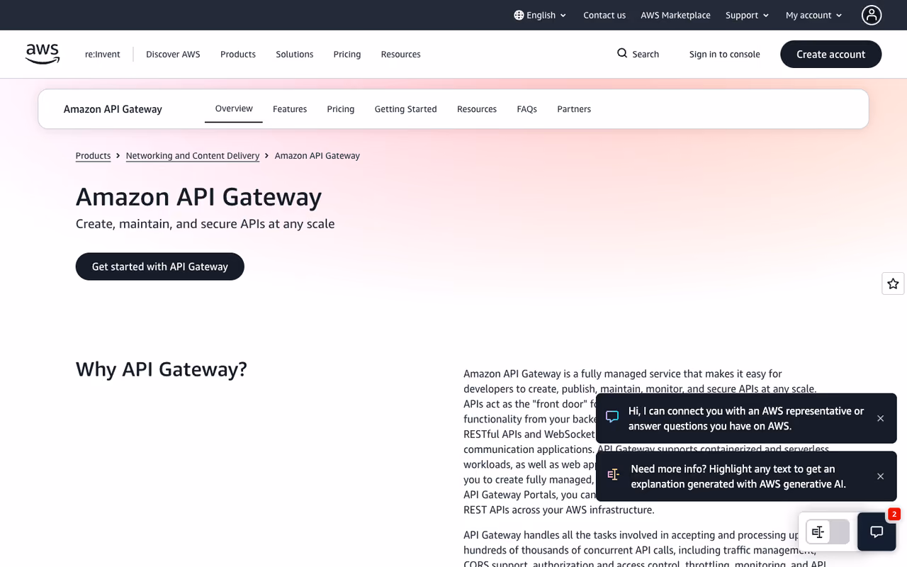 AWS API Gateway homepage screenshot