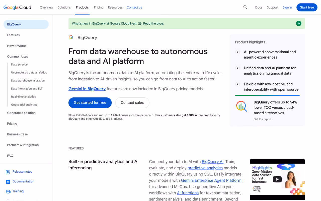 Google BigQuery homepage screenshot