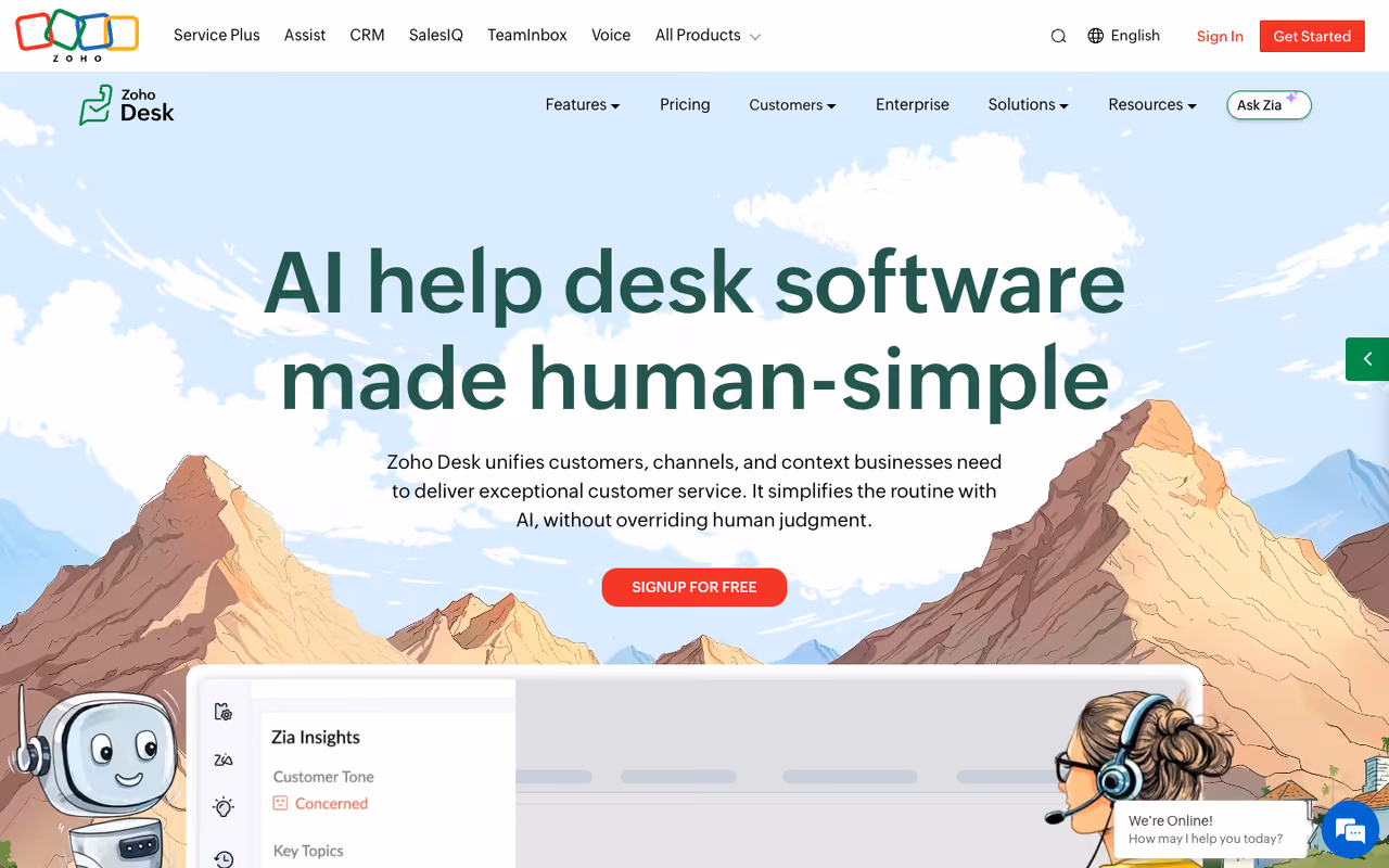 Zoho Desk homepage screenshot