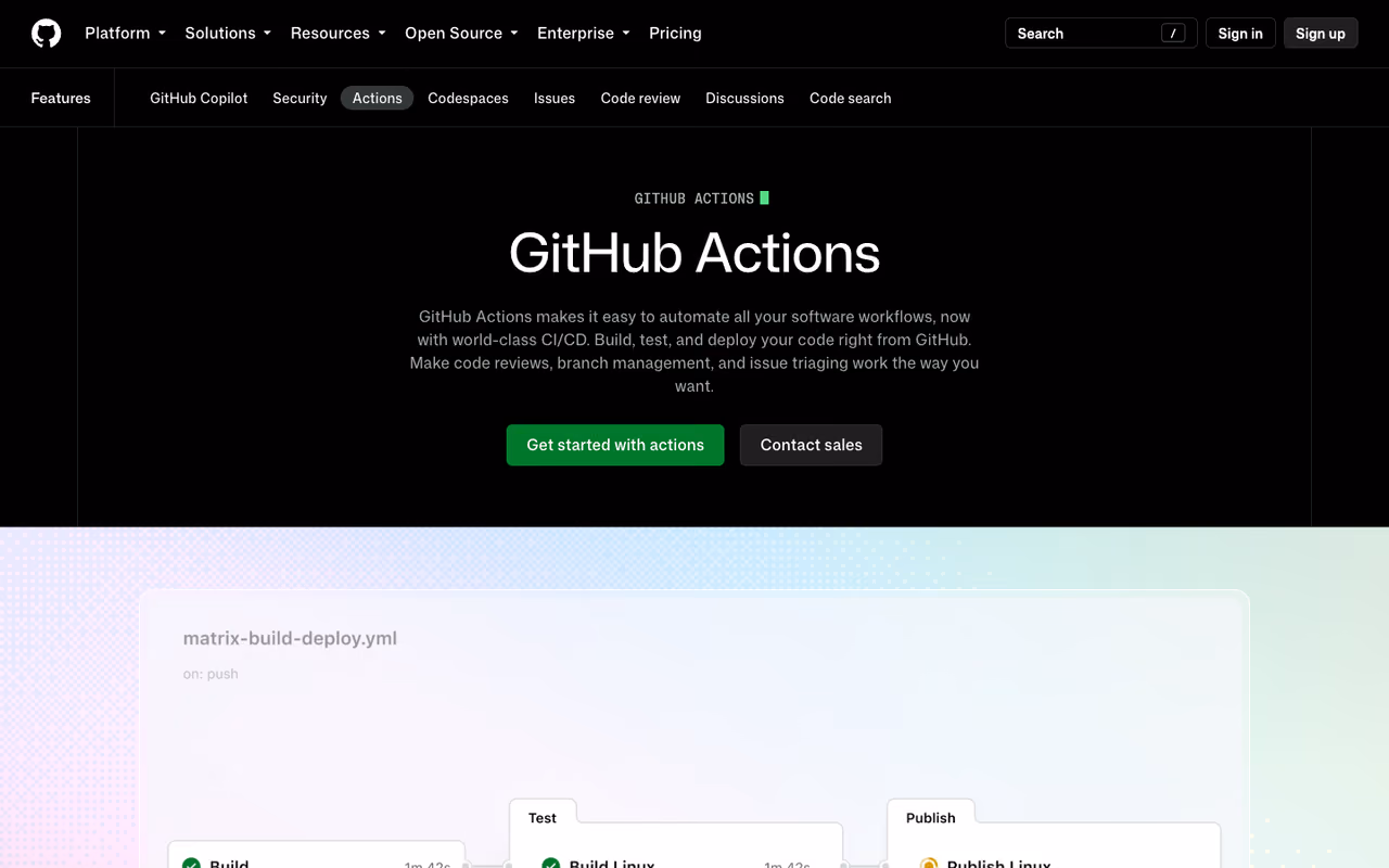 GitHub Actions homepage screenshot