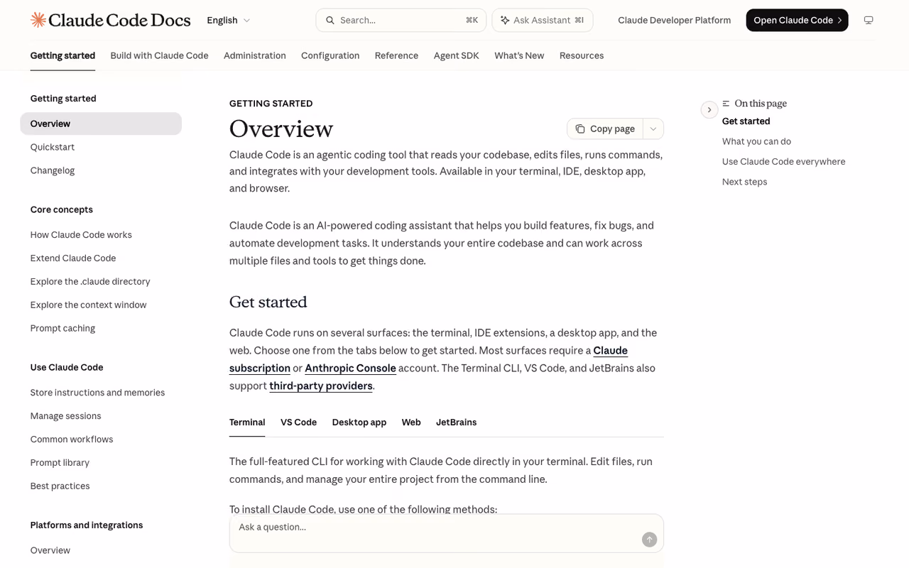 Claude Code documentation homepage screenshot
