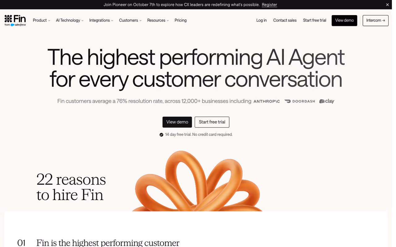 Intercom Fin AI agent homepage screenshot
