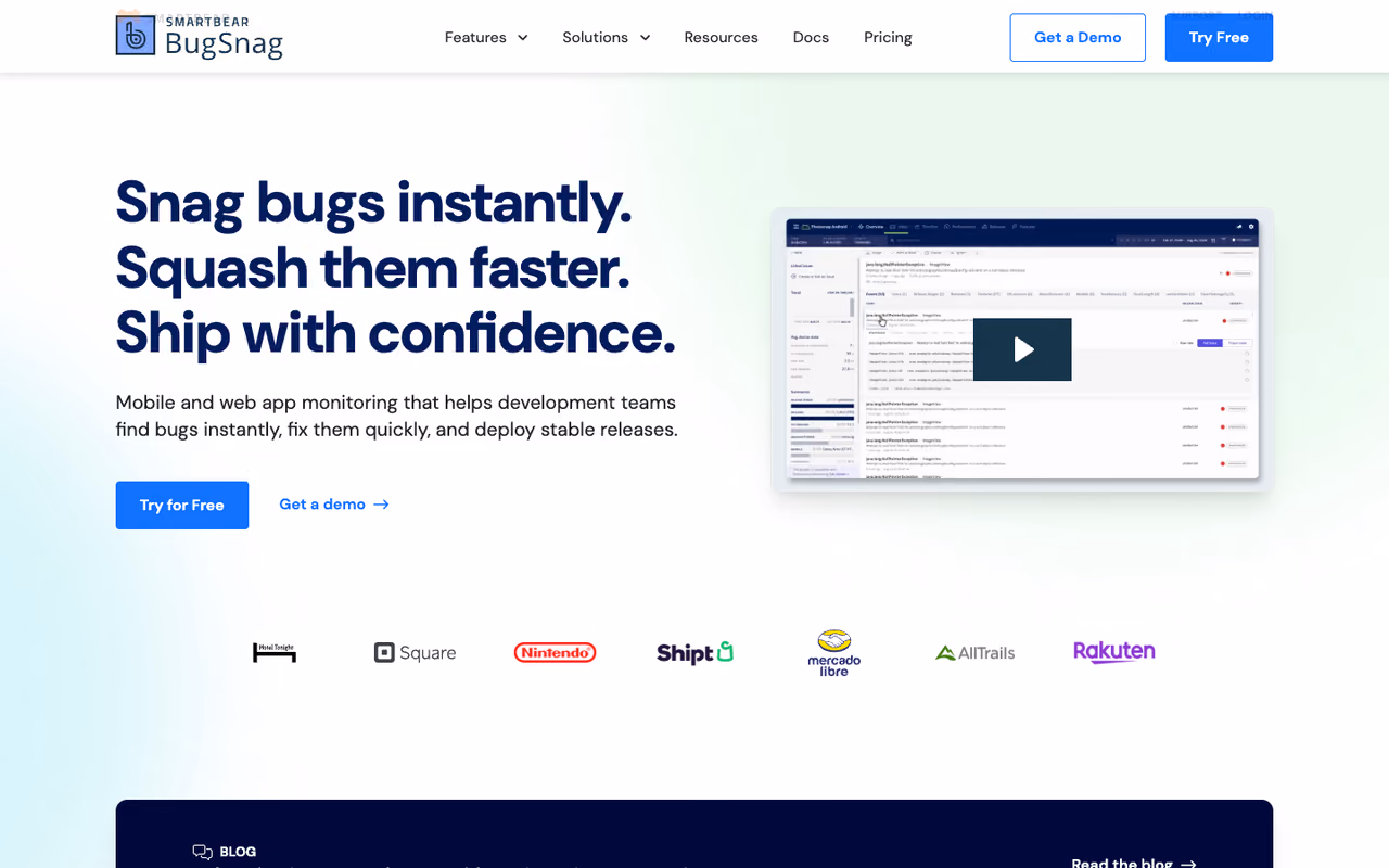 BugSnag homepage screenshot