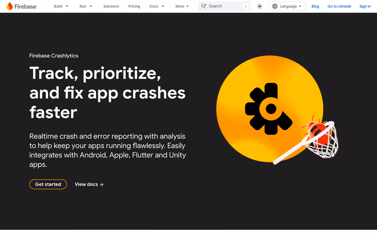 Firebase Crashlytics homepage screenshot