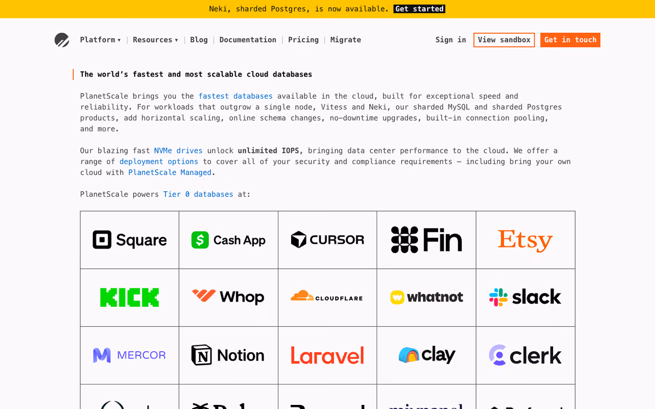 PlanetScale homepage screenshot