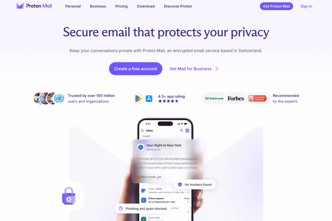 Proton Mail homepage screenshot