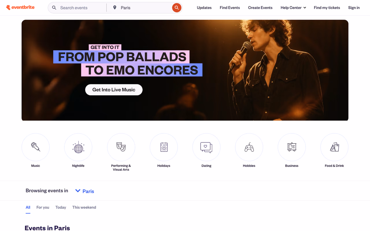 Eventbrite homepage screenshot