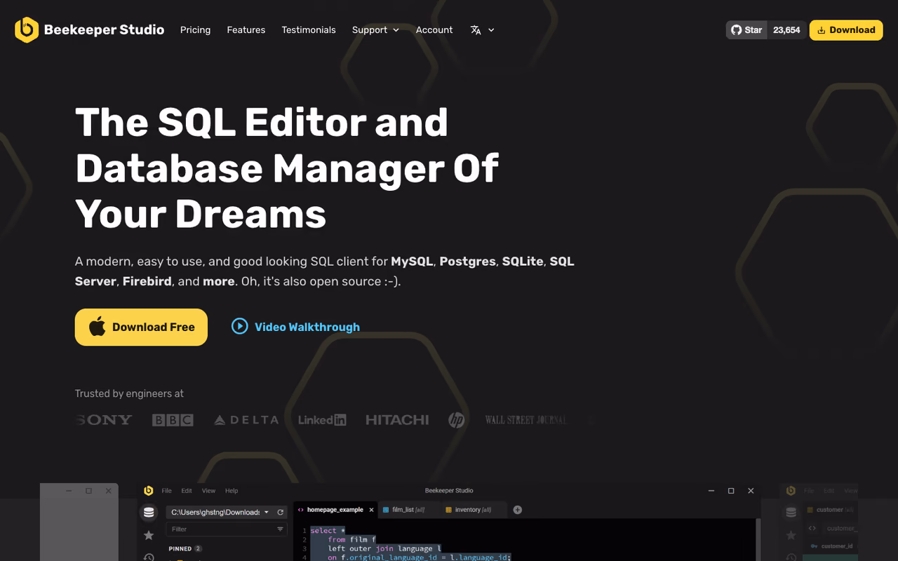 Beekeeper Studio homepage screenshot