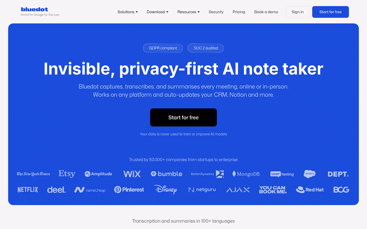 Bluedot homepage screenshot
