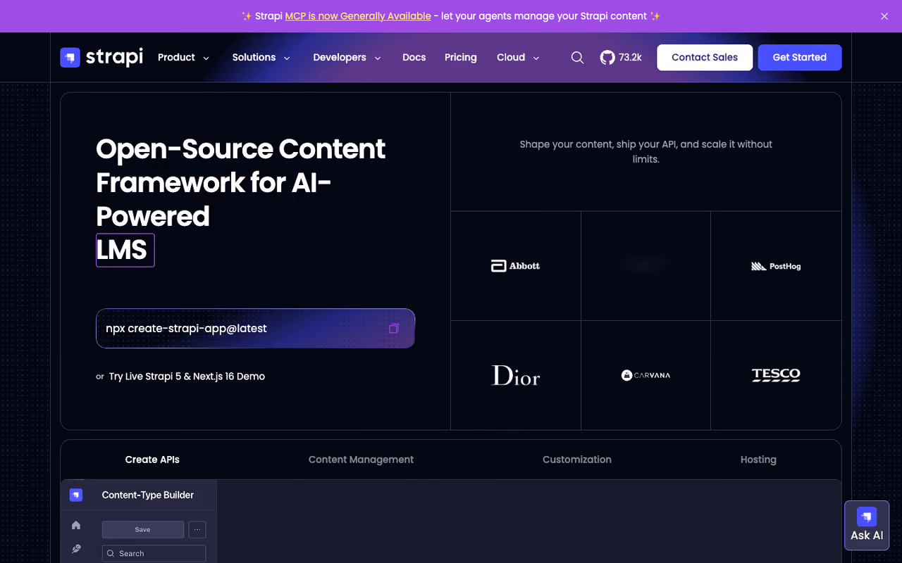 Strapi homepage screenshot