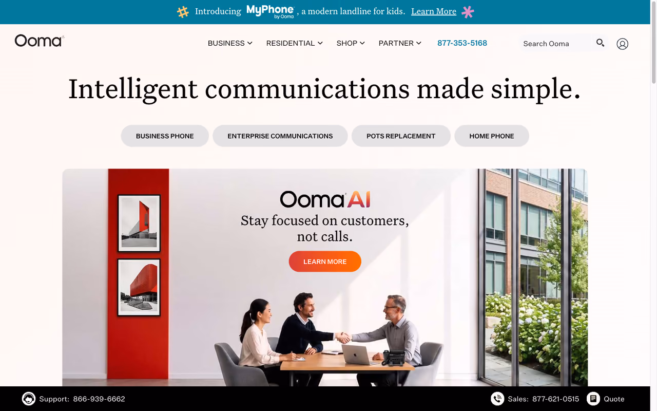 Ooma homepage screenshot