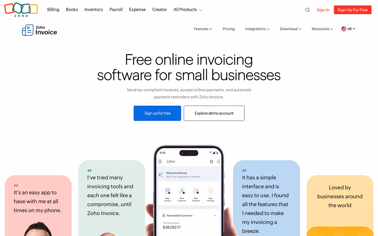 Zoho Invoice homepage screenshot