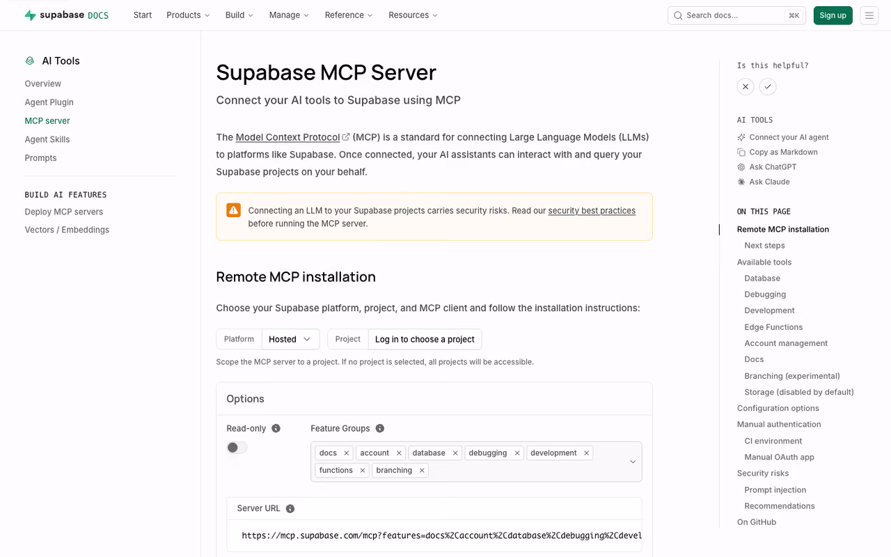 Supabase MCP server homepage screenshot