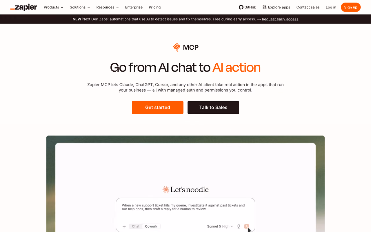 Zapier MCP server homepage screenshot
