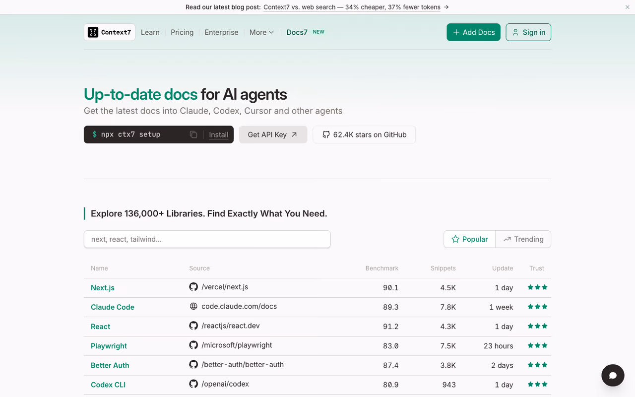 Context7 MCP server homepage screenshot