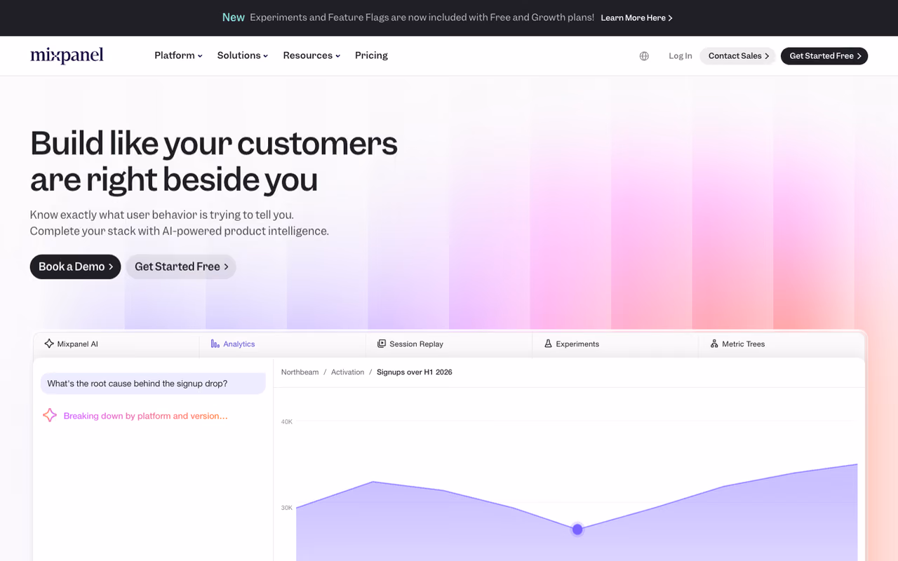 Mixpanel homepage screenshot