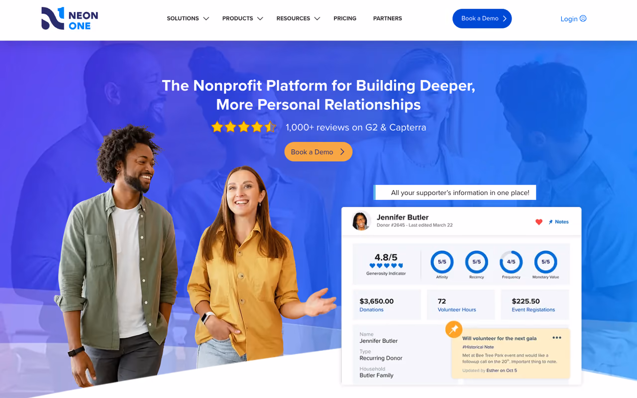 Neon CRM homepage screenshot