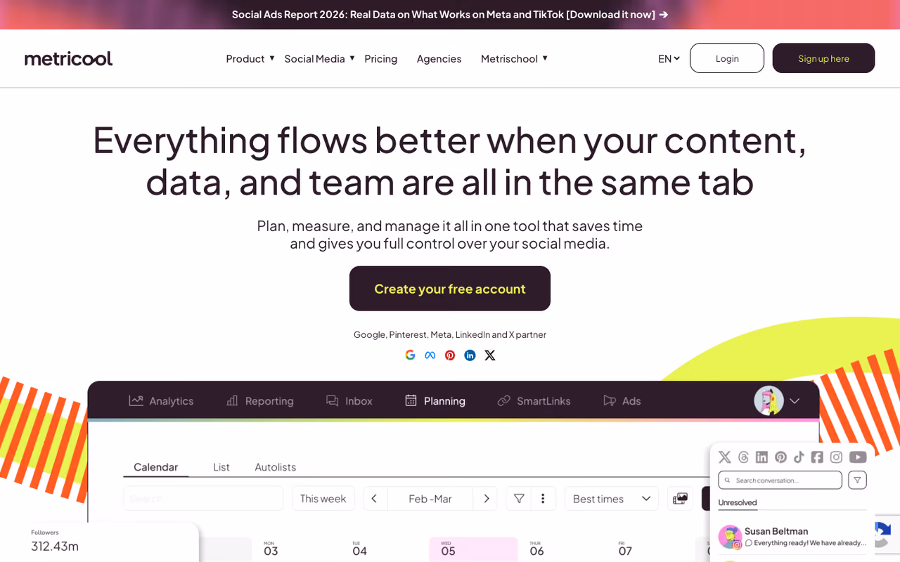 Metricool homepage screenshot
