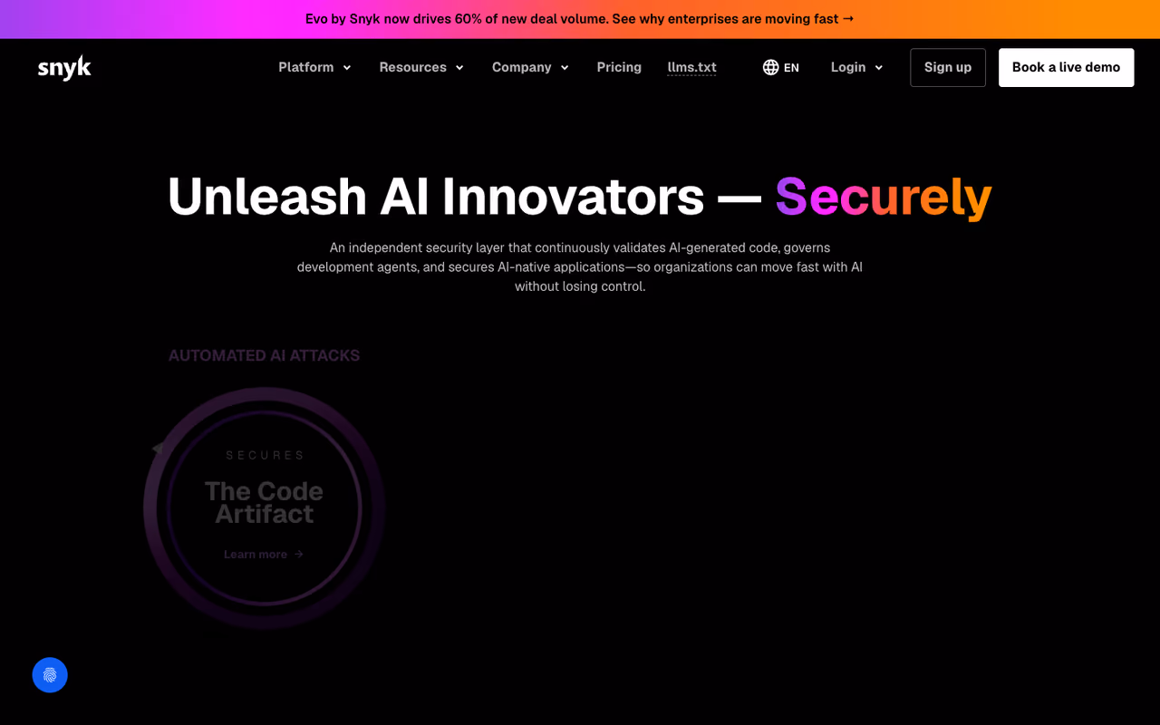 Snyk homepage screenshot