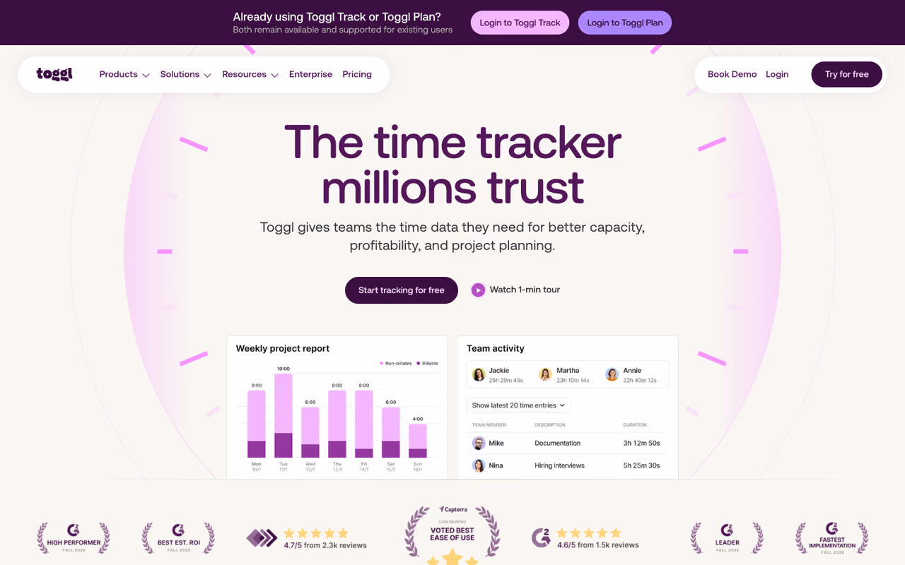 Toggl Track homepage screenshot